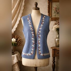 Vintage Jessie Embroidered Floral Knit Vest – 100% Cotton – Size M – Cottagecore